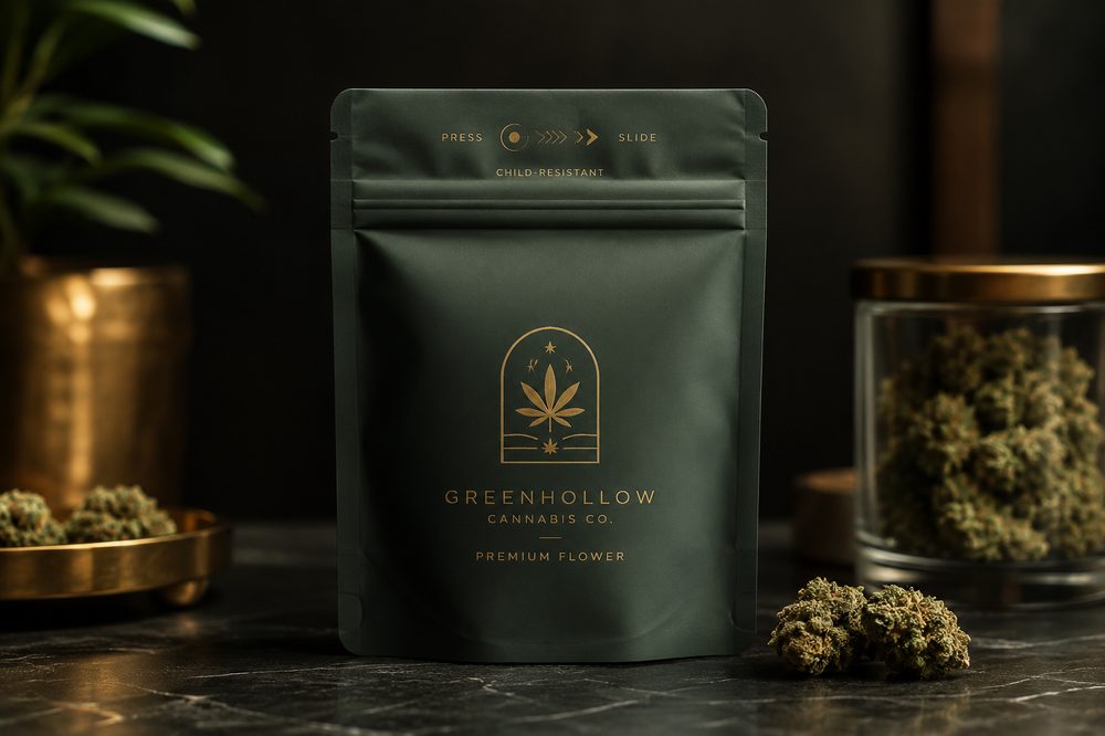 Custom child-resistant cannabis exit bag with a press-and-slide zipper and branded artwork