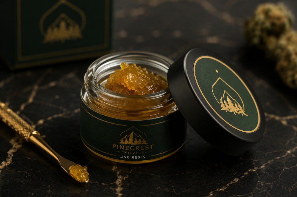 Custom child-resistant glass concentrate jar with a black lid and branded label
