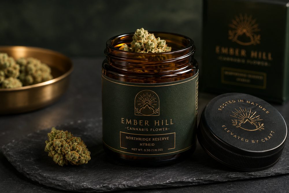 Custom cannabis glass jar with a child-resistant lid and a branded label holding flower