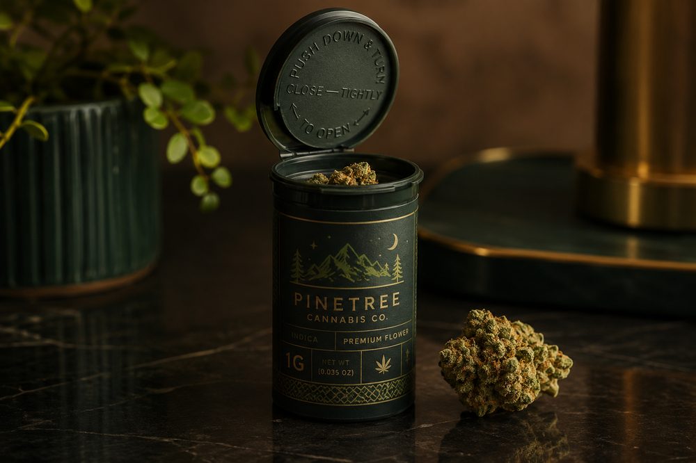 Custom child-resistant pop-top vial for cannabis with a branded label