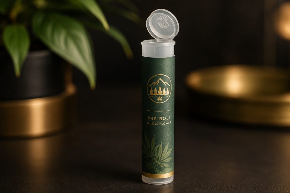 Custom child-resistant pre-roll tube with a pop-top cap and branded label