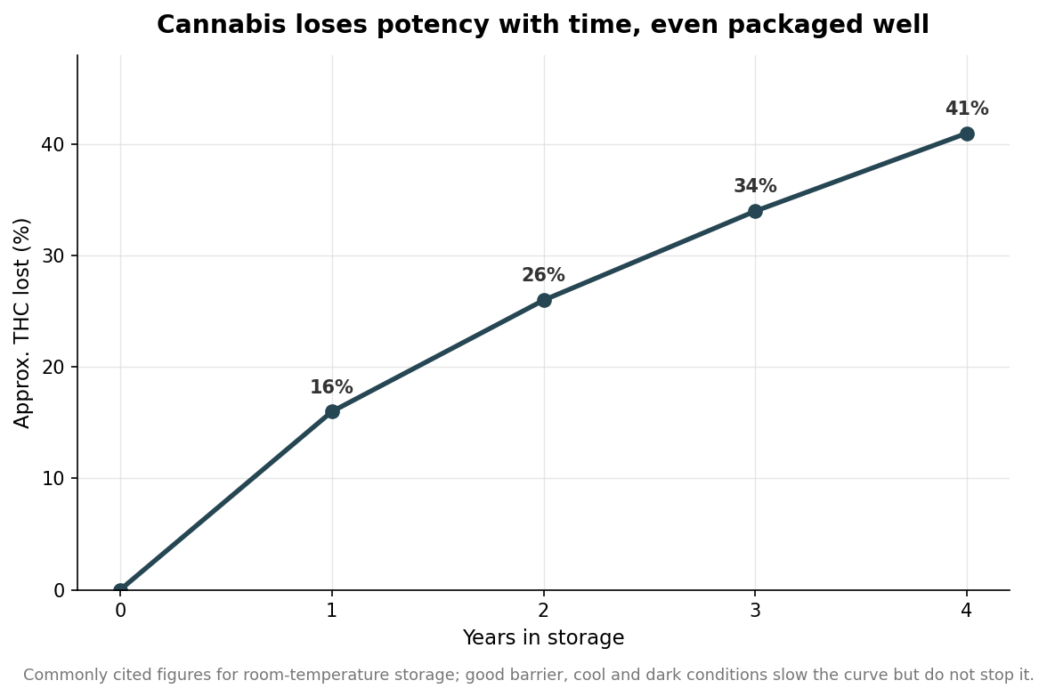 Line chart of approximate THC lost over four years of storage: 16% at one year, 26% at two, 34% at three, 41% at four