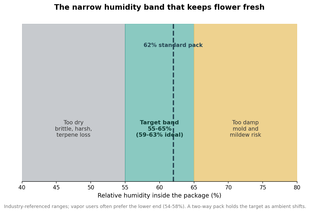 Horizontal humidity zone chart showing below 55% too dry, 55 to 65% target band with 62% standard pack marked, and above 65% mold risk